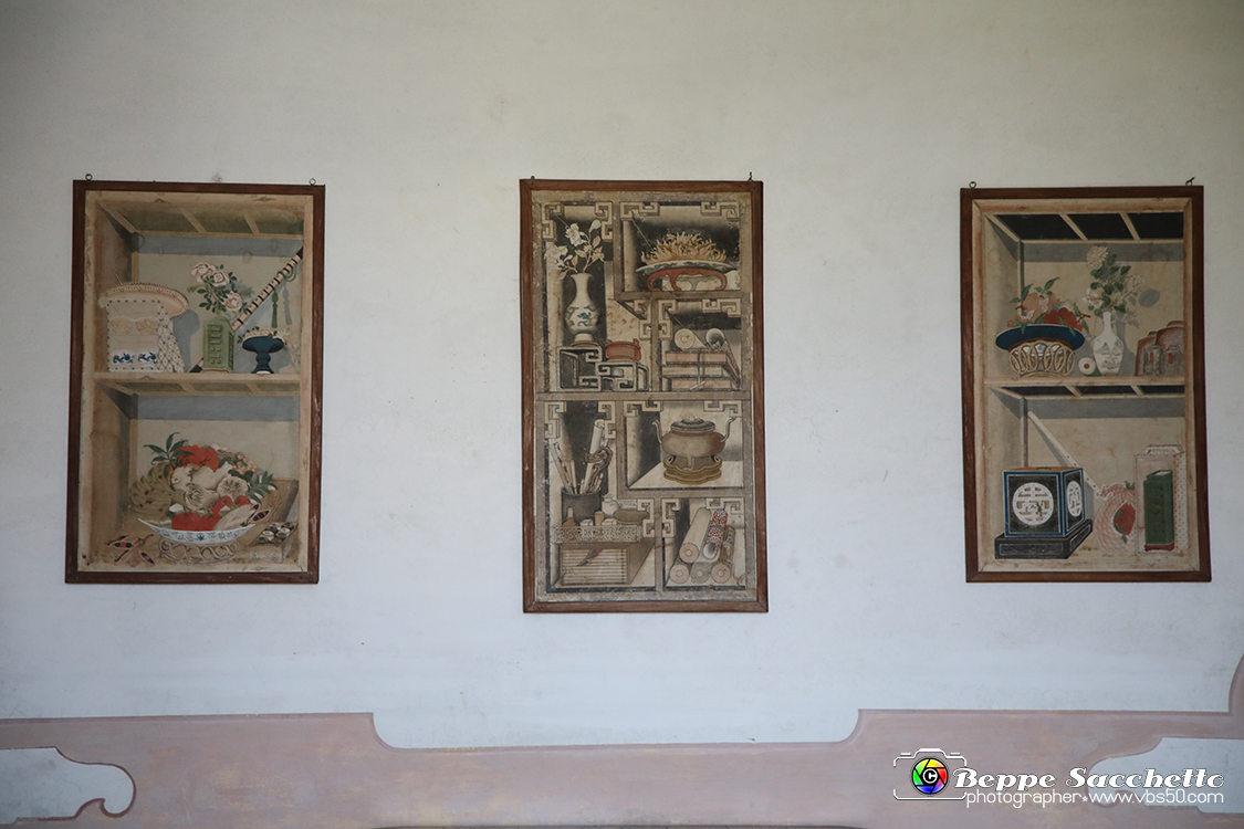 VBS_6603 - Villa Pisani - Stra (Venezia).jpg - SALA DELLA MUSICA  AI centro della sala un fortepiano, prodotto dalla manifattura Kramer Burger di Vienna. Alle pareti decorate da cornici a motivi rocaille violetti, ornati da tralci vegetali, sono disposti una serie acquerelli del '700 che riproducono fiori e piante, tratti dai repertori di erbari dell'epoca. 